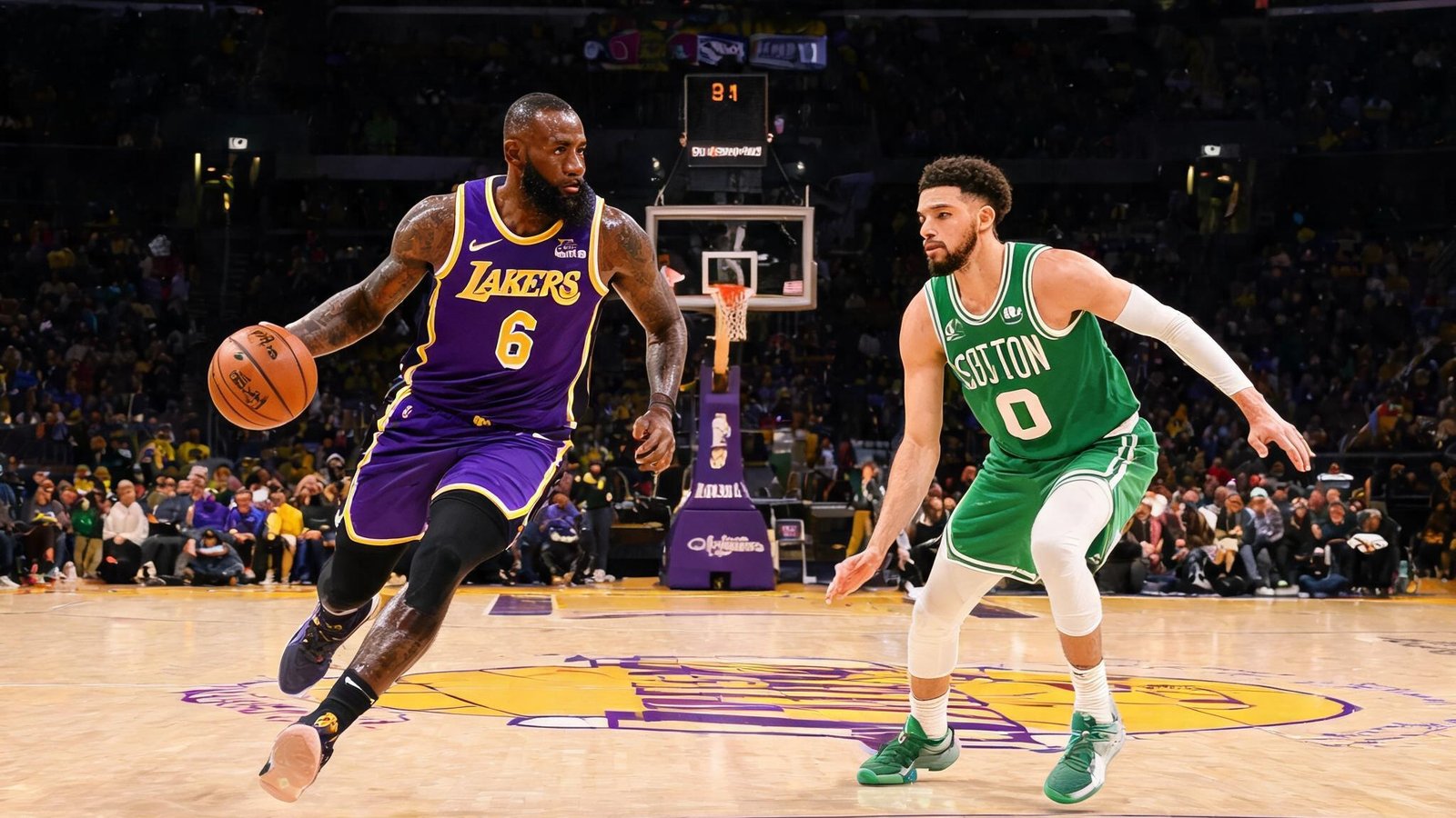 洛杉矶湖人队与波士顿凯尔特人队的NBA常规赛比赛画面，詹姆斯持球突破，塔图姆防守
