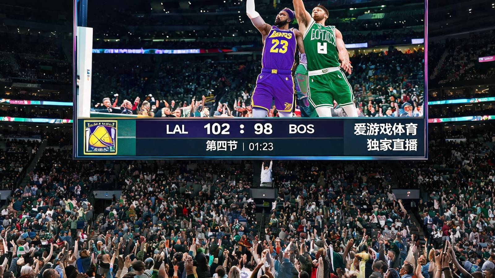 爱游戏体育平台上正在直播NBA比赛的现场大屏幕，观众欢呼，球员突破上篮的精彩瞬间